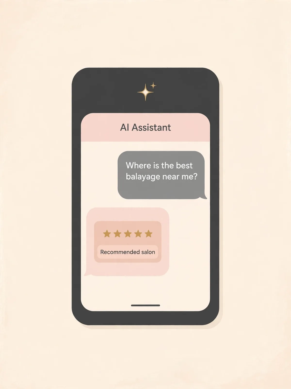 Illustration: an AI assistant recommending a five-star salon in a chat