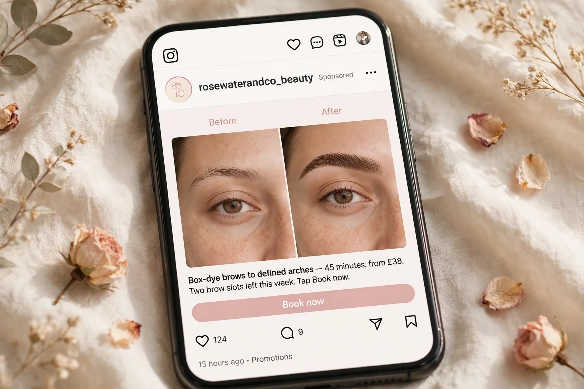 Mockup of an Instagram before-and-after brow transformation ad for the fictional salon Rosewater and Co Beauty