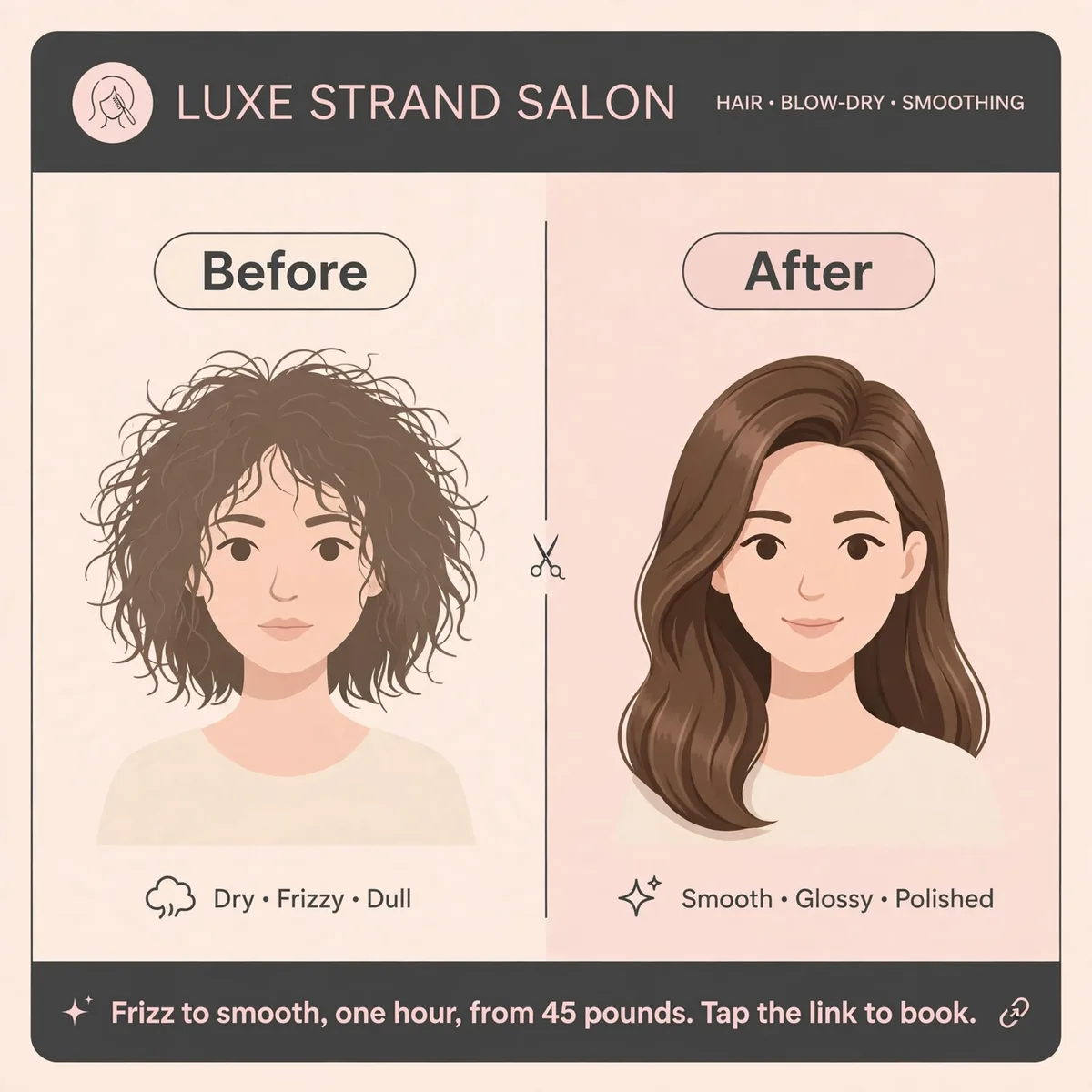 Fictional Instagram post mockup showing a before and after blow-dry transformation with a caption that states the time taken and the price