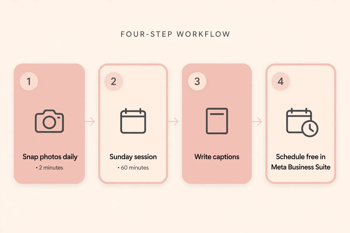 Four-step workflow graphic: snap photos daily in two minutes, one sixty-minute Sunday session, write captions, then schedule free in Meta Business Suite