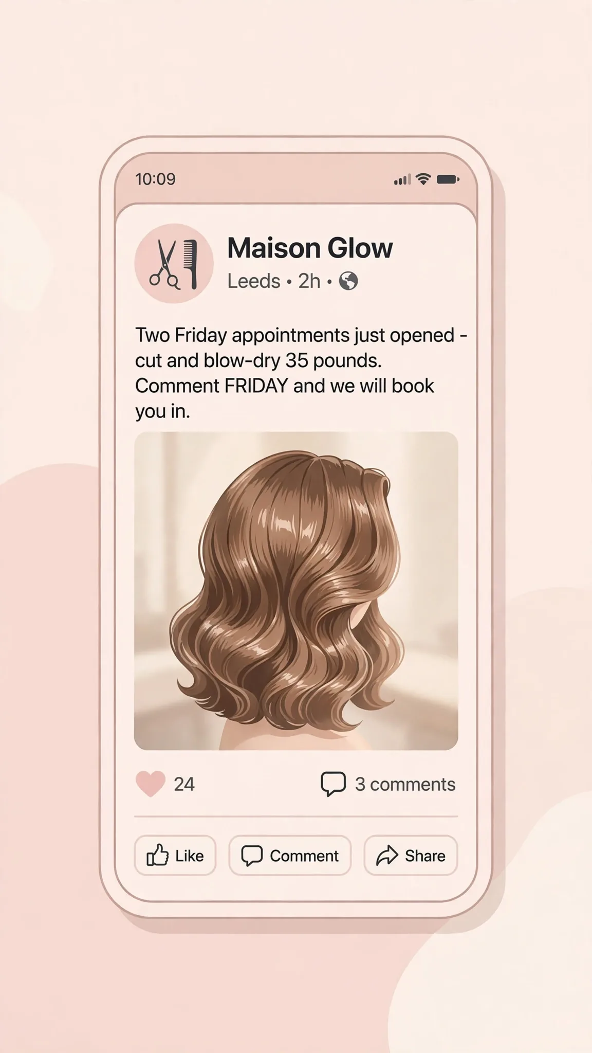 Fictional Facebook post mockup from a Leeds salon filling two Friday appointments with a price and a comment-to-book instruction