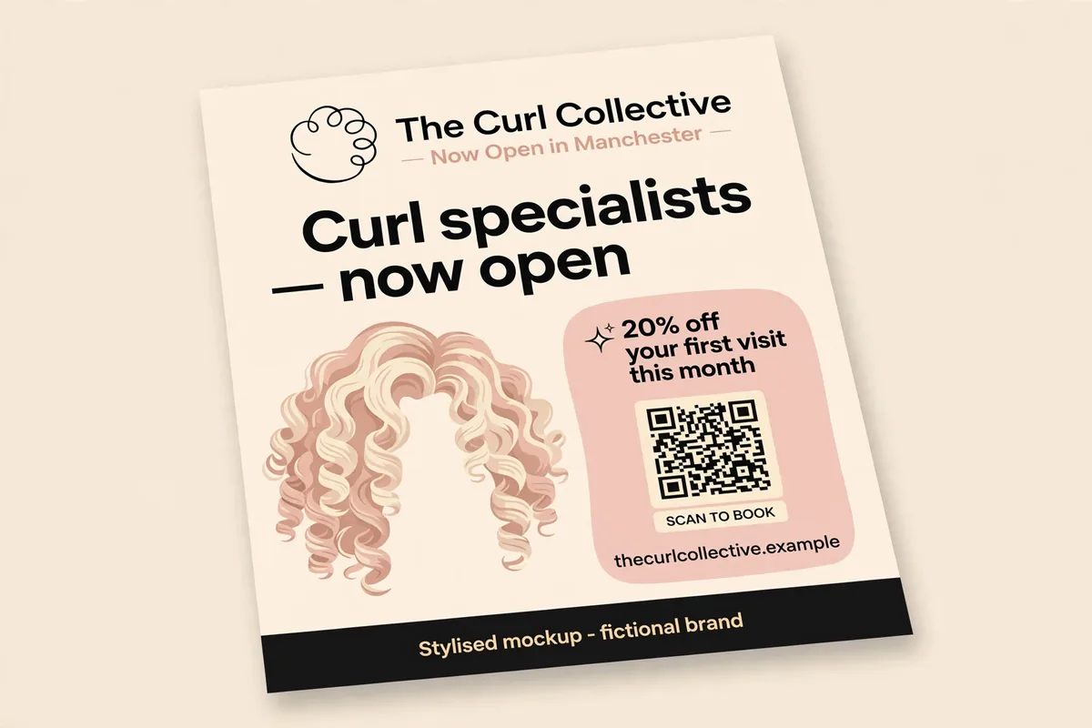 Stylised grand-opening flyer mockup, a salon advertising example for a fictional Manchester curl salon