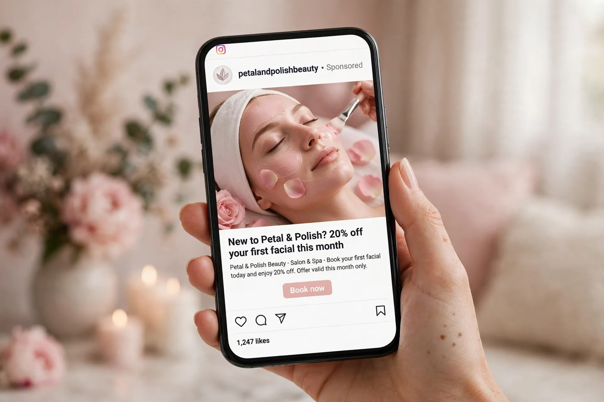 Mockup of an Instagram sponsored ad for the fictional salon Petal and Polish Beauty offering 20 percent off a first facial