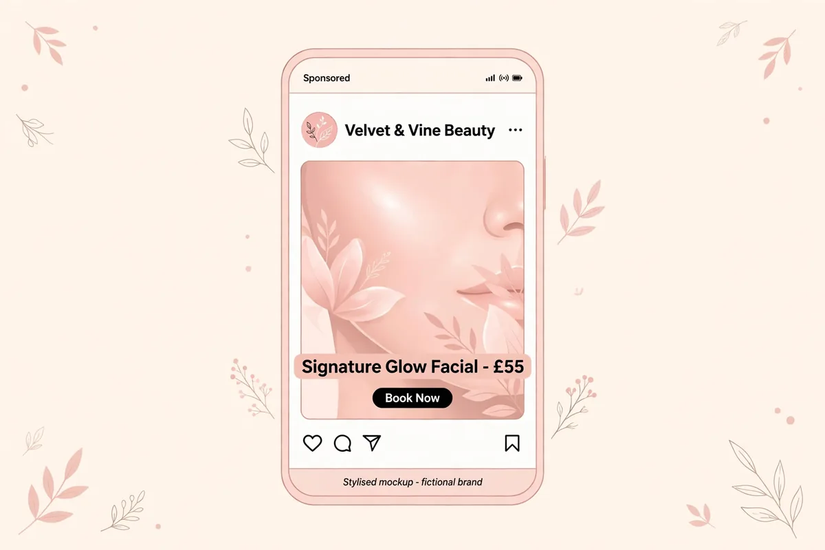 Stylised Instagram feed ad mockup, a salon advertising example for a fictional beauty brand