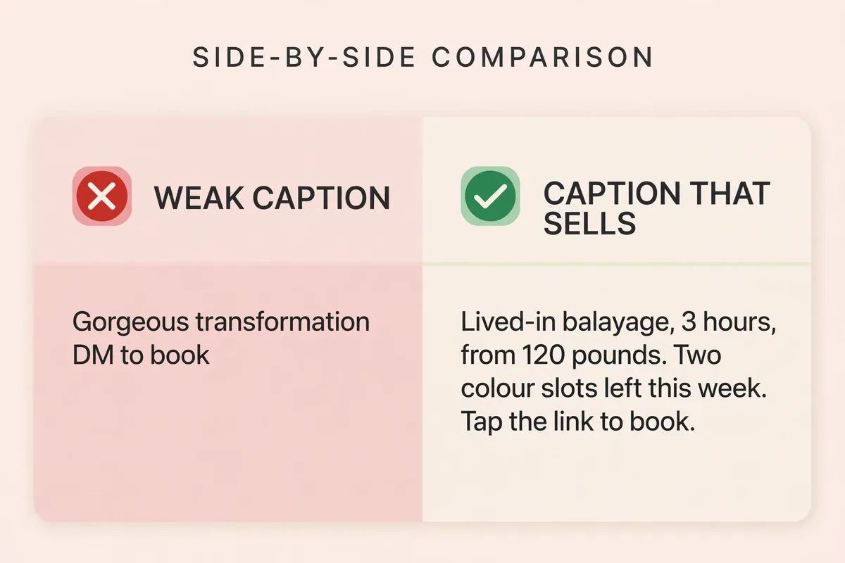 Side-by-side comparison of a weak salon Instagram caption versus a caption that states the service, time, price and booking instruction