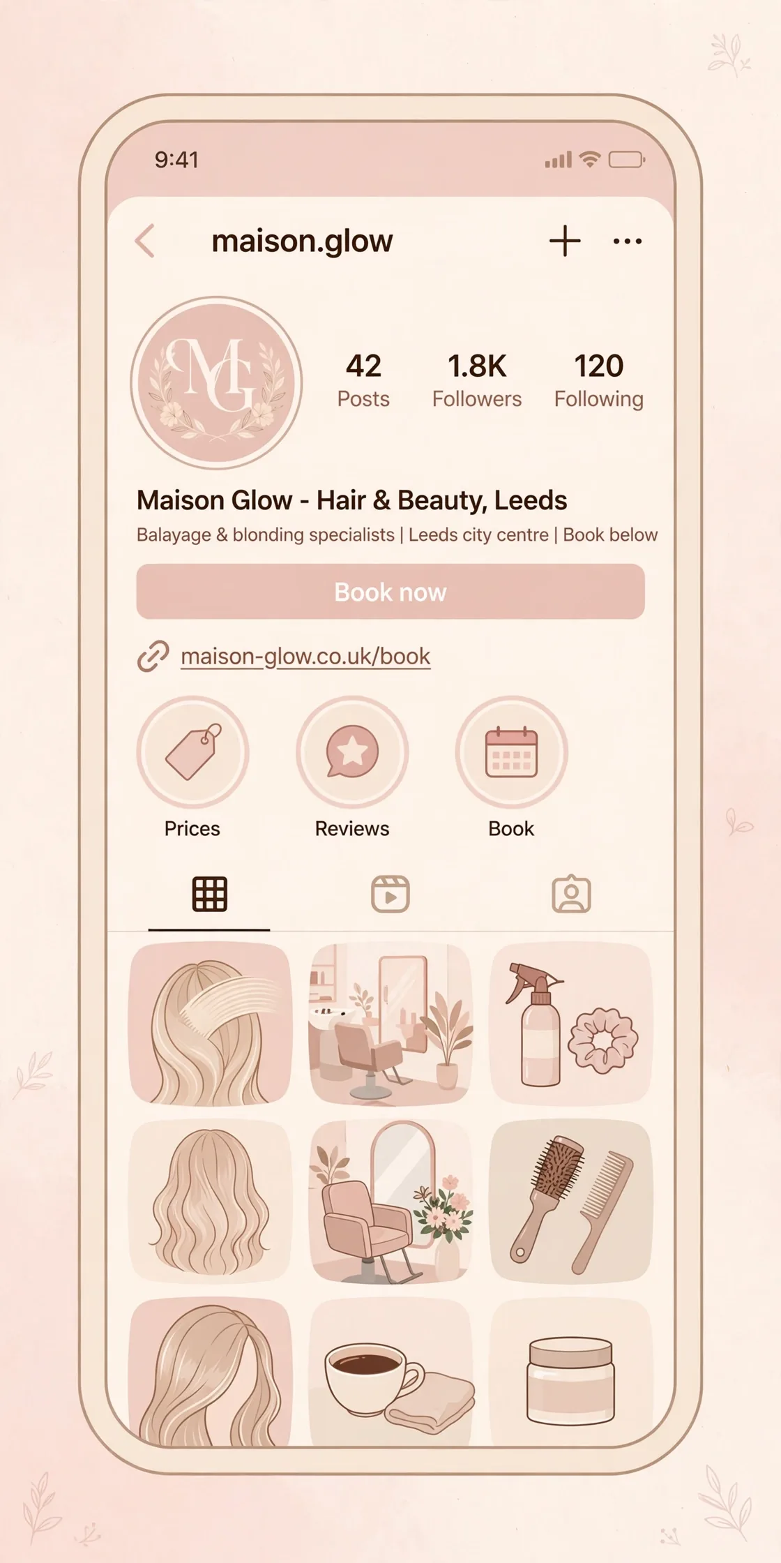 Fictional Instagram profile mockup for a Leeds hair salon showing a booking-focused bio, book now button, booking link and Prices, Reviews and Book highlights