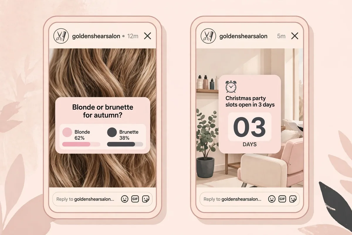 Mockups of two Instagram stories for a fictional salon: a poll sticker asking followers to vote on hair colour, and a countdown sticker for Christmas party slots