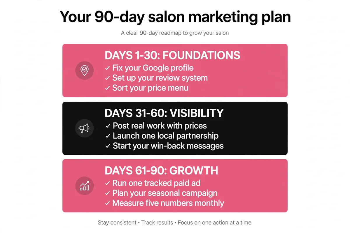 Your 90-day salon marketing plan: days 1-30 foundations, 31-60 visibility, 61-90 growth