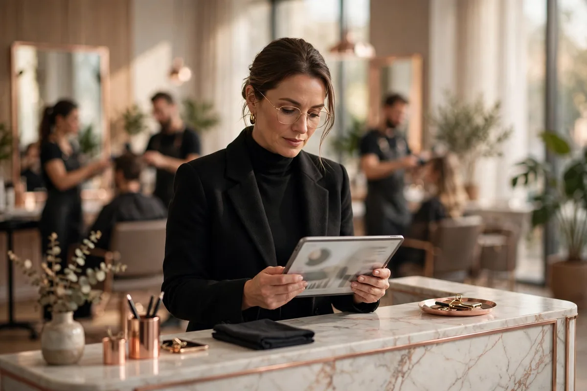 Salon owner reviewing a monthly marketing agency report on a tablet at reception