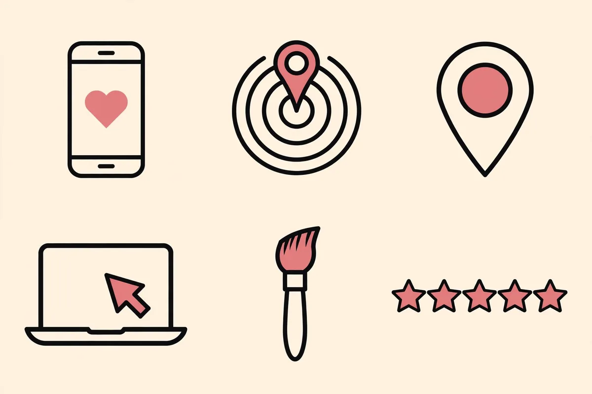 Icons for the main salon marketing services: social, ads, local search, website, brand design and reviews