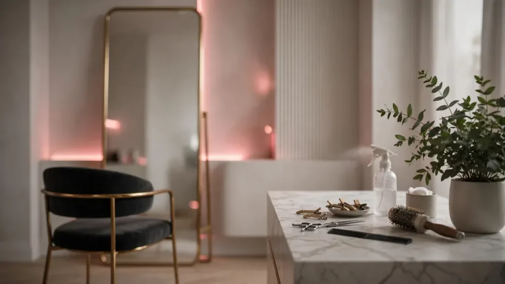 Premium UK hair salon interior with stylist chair, marble counter and rose-pink accent lighting