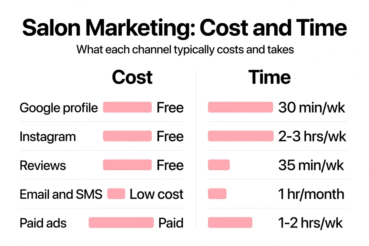Salon marketing budget breakdown: cost and time per channel