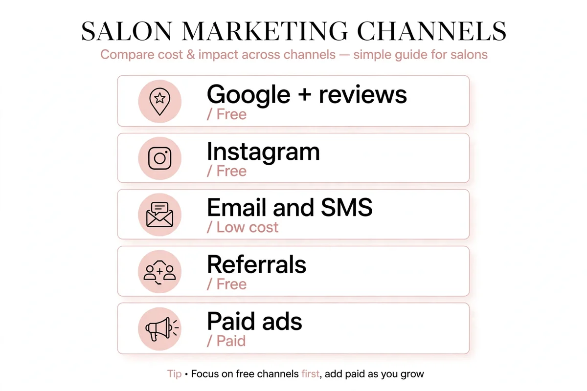 Comparison of salon marketing channels by cost: Google, Instagram, email, referrals, paid ads