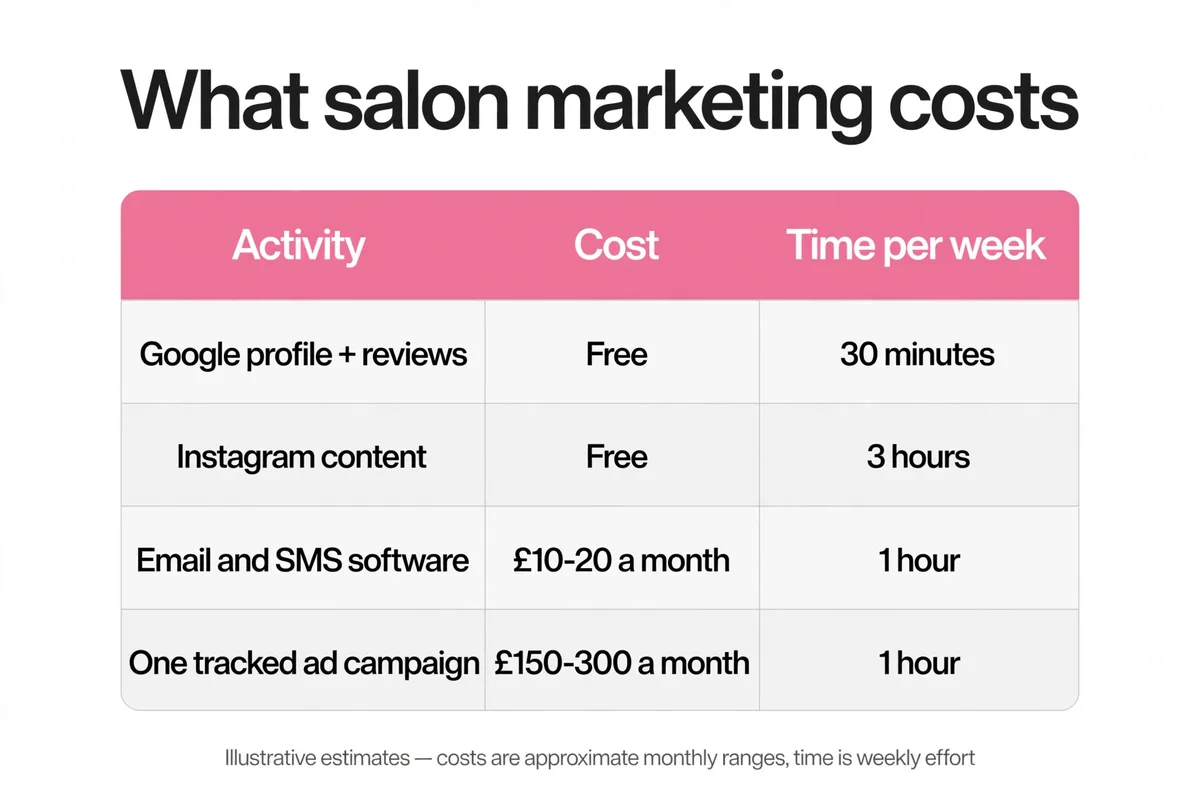 What salon marketing costs: activity, cost and time per week