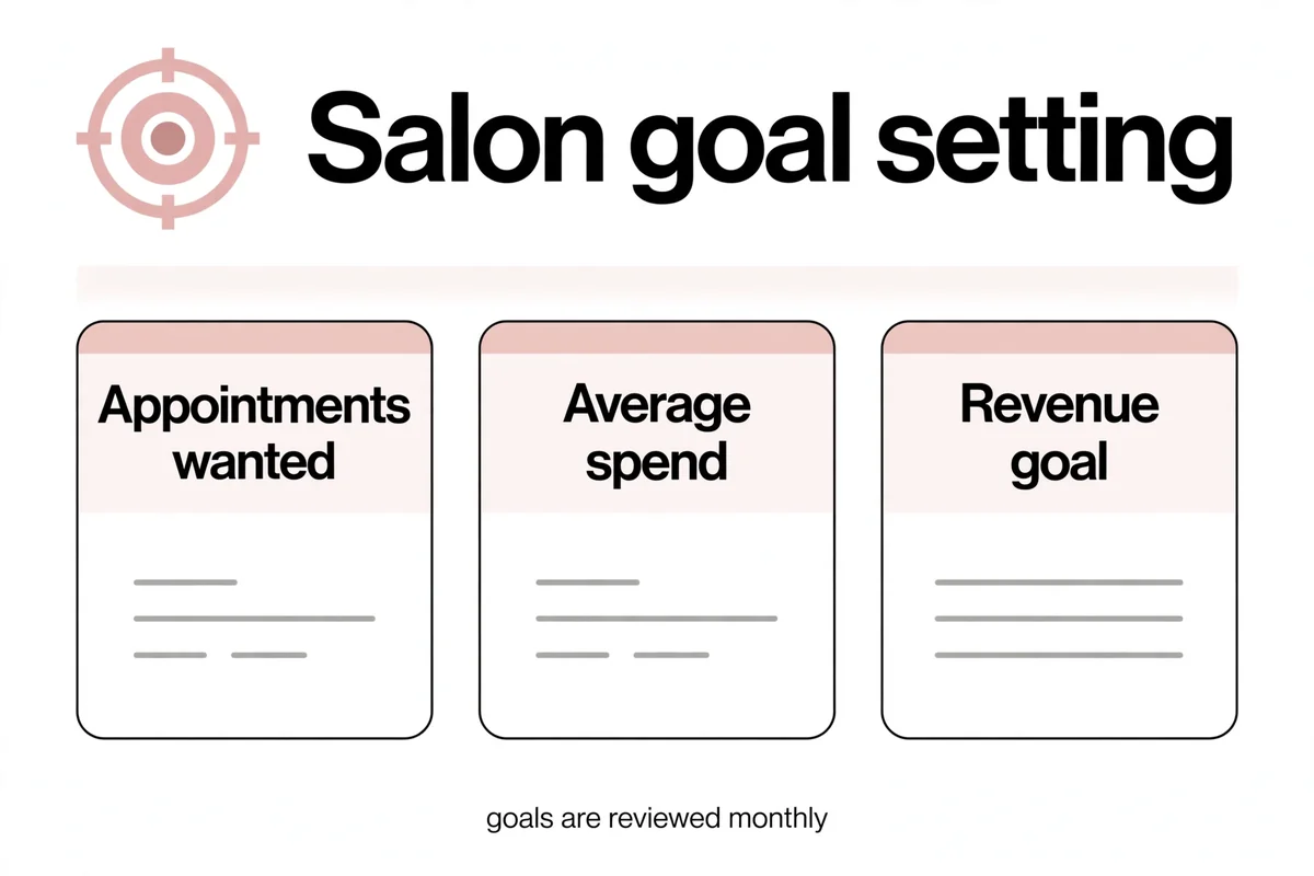 Salon marketing goal-setting graphic: appointments wanted, average spend, revenue goal