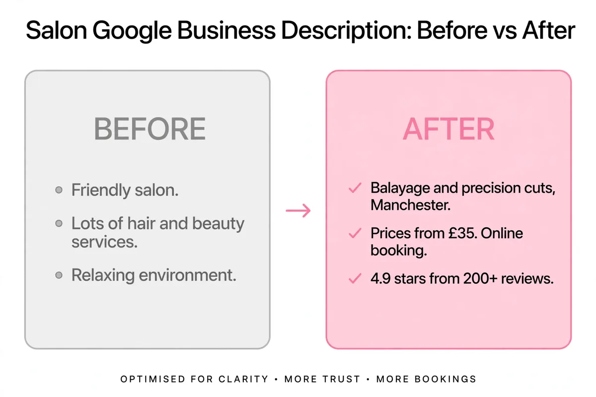 Before and after: a weak salon Google business description vs a stronger one with services, prices and reviews