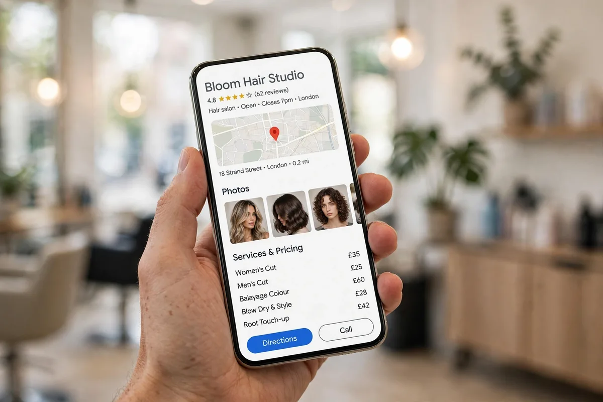 A hair salon Google Business Profile on a phone showing reviews, photos and service prices in pounds