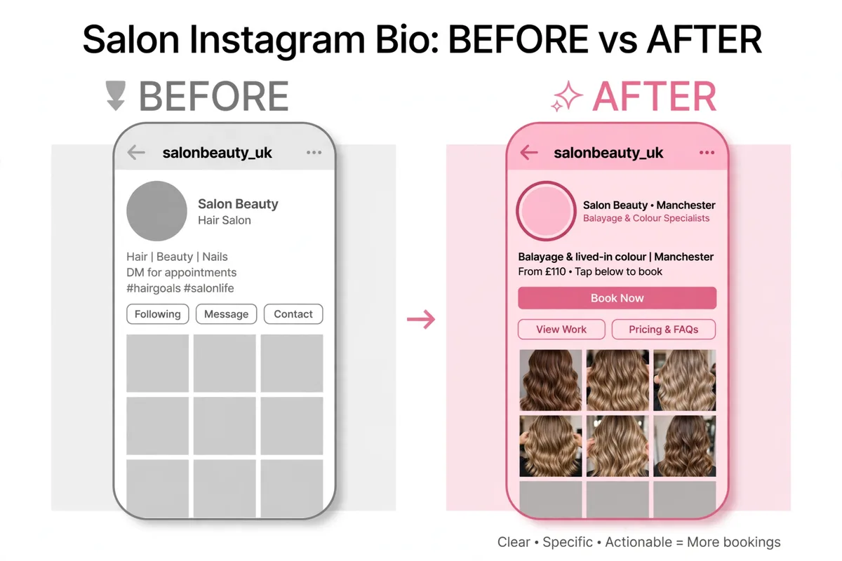 Before and after: a weak salon Instagram bio vs a stronger bio with specialism, location, price and booking button