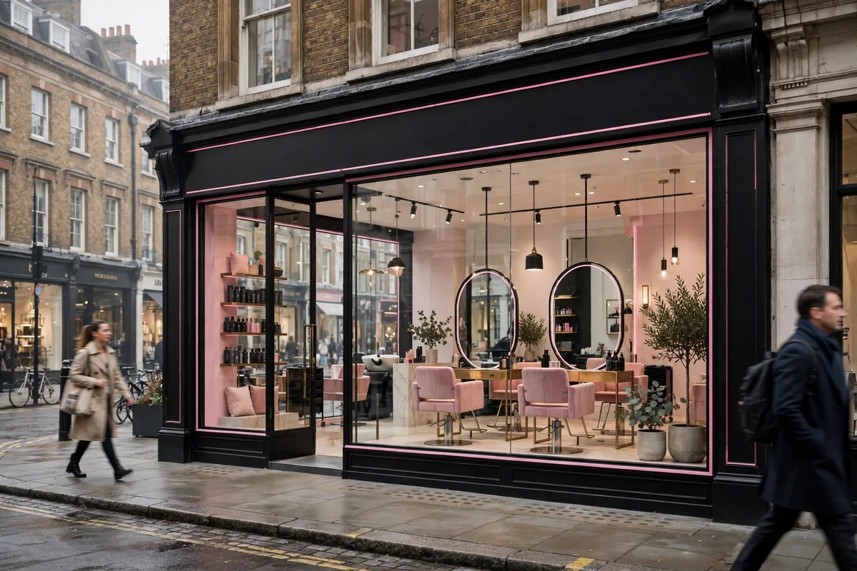 A hair salon storefront on a London high street, in London, your Google profile and reviews carry extra weight