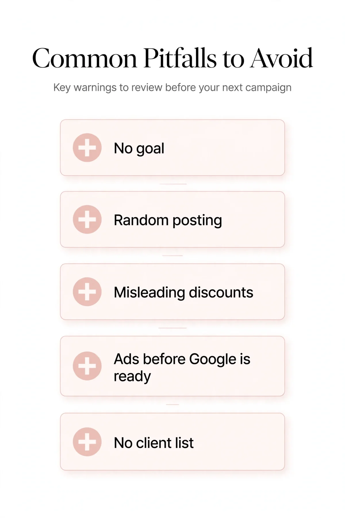 Five salon marketing mistakes to avoid, illustrated as warning cards