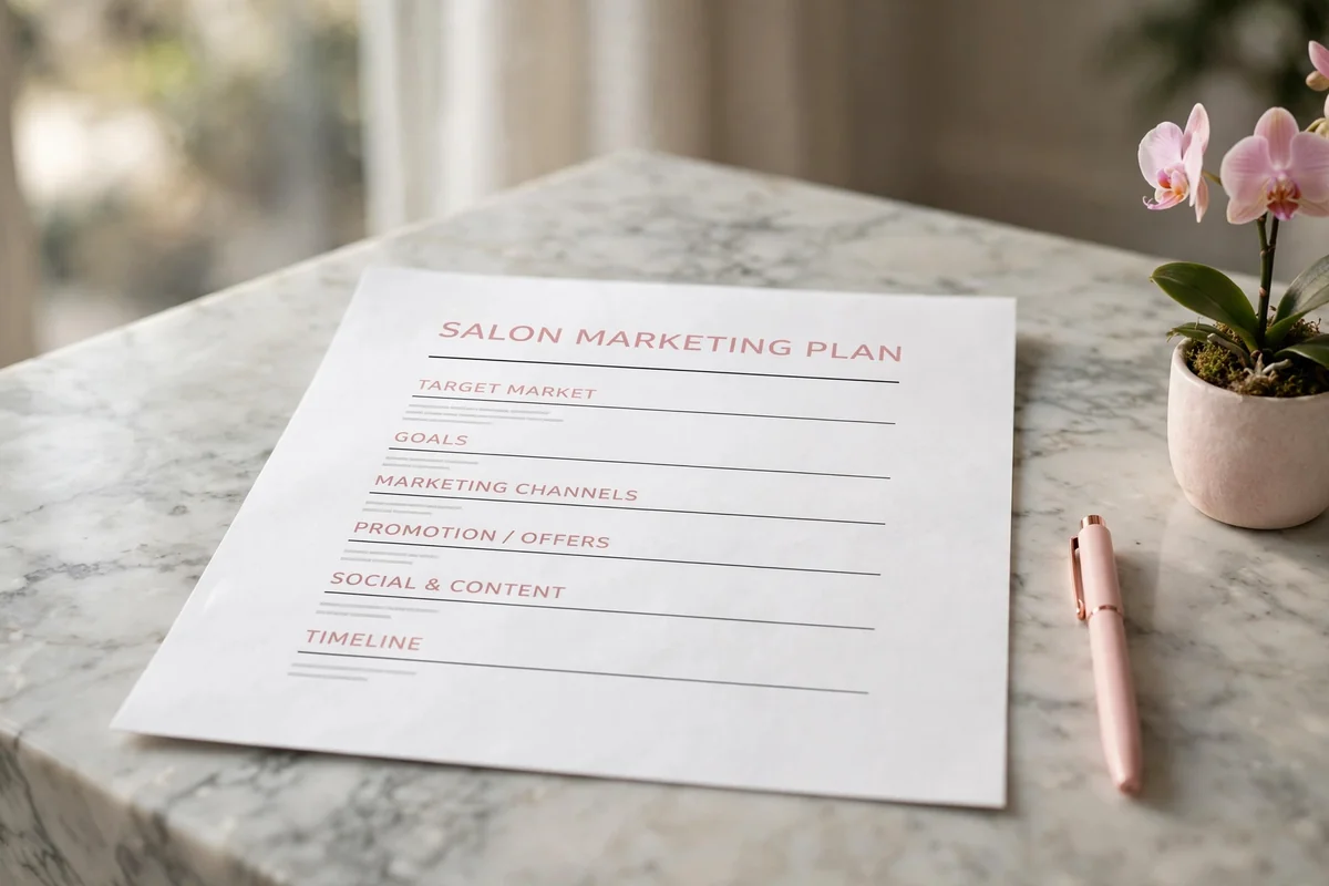 One-page salon marketing plan template on a salon reception desk