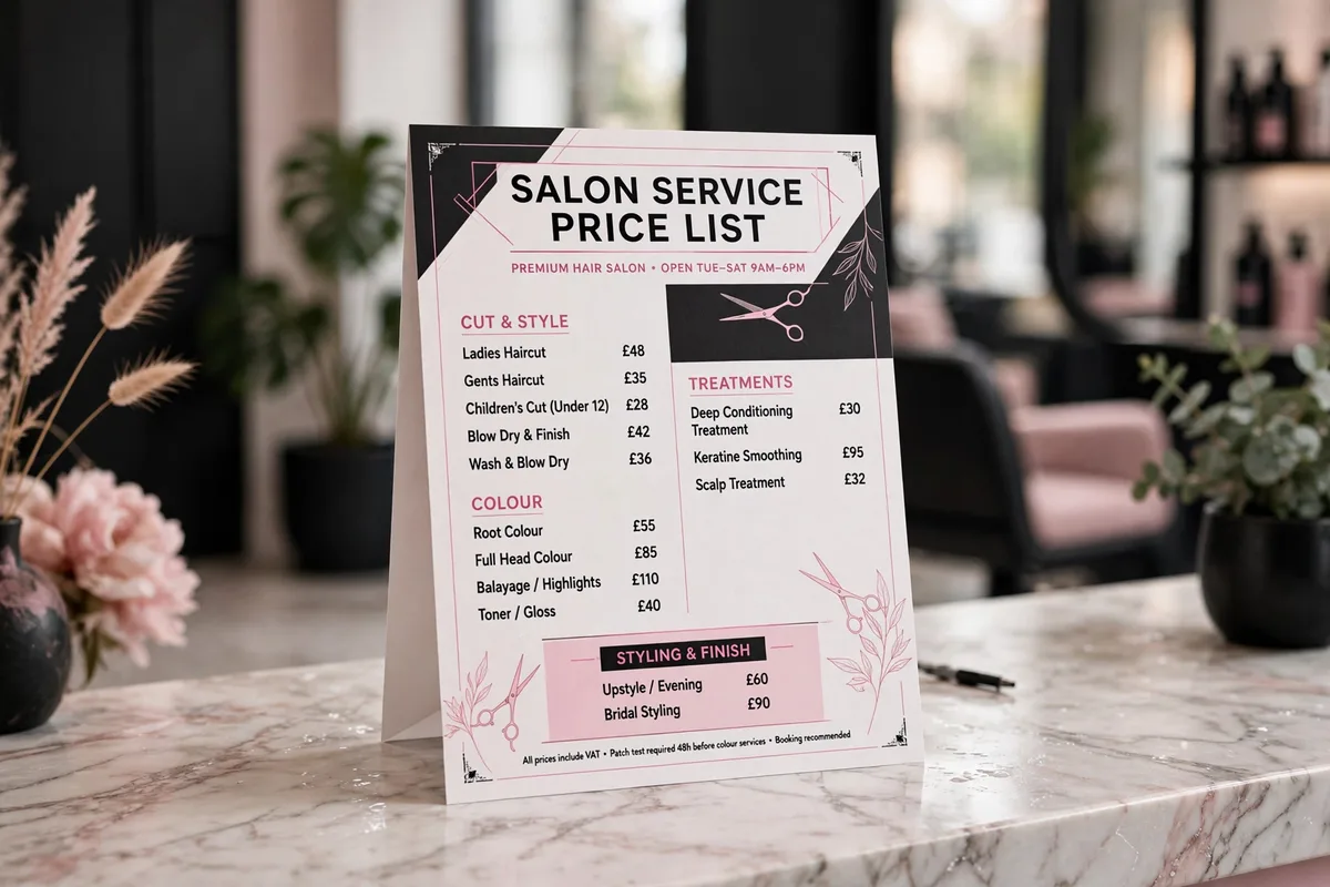 A clear salon service price list in pounds on a reception counter