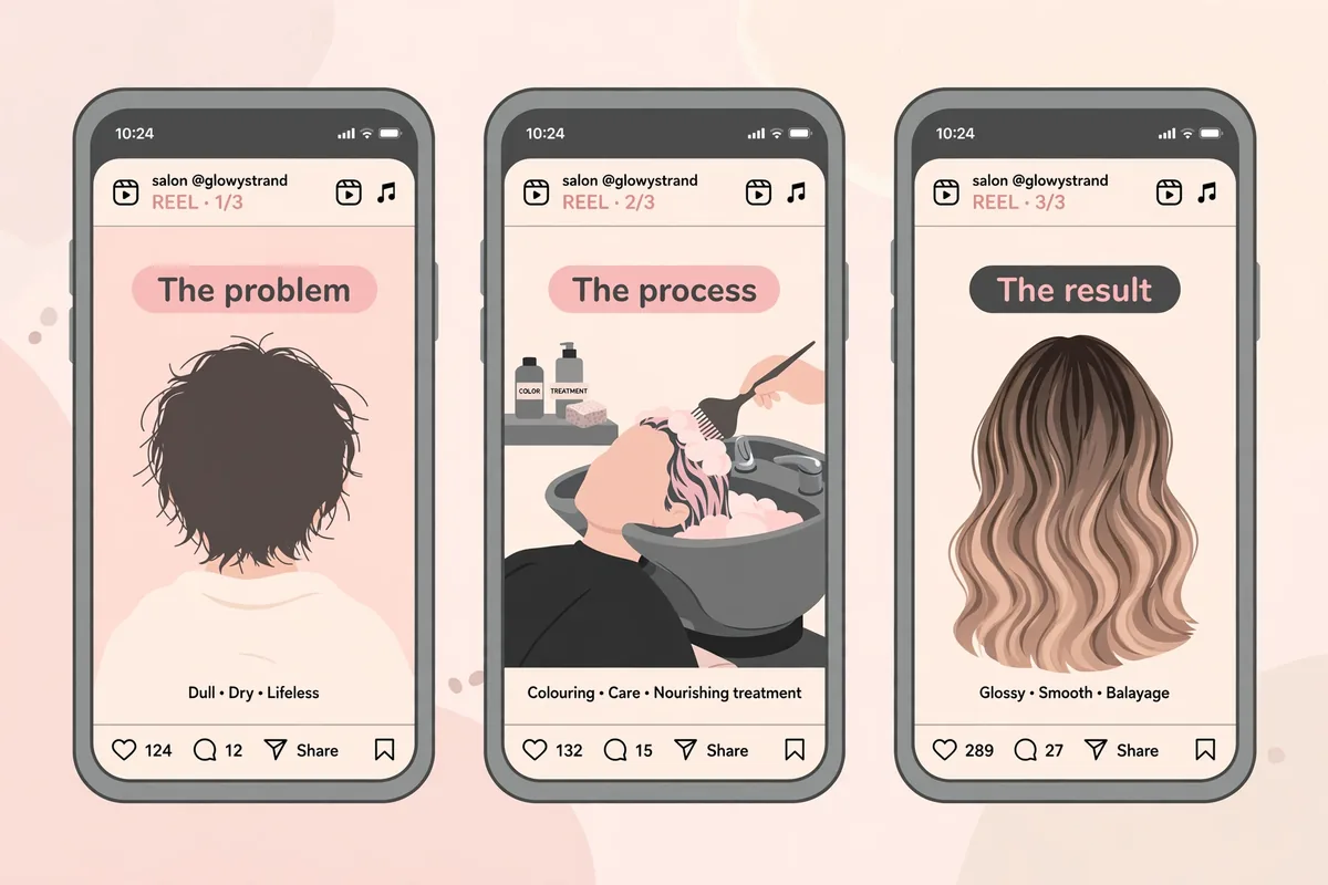 Storyboard mockup of a three-frame Instagram reel showing a hair transformation: the problem, the process and the result