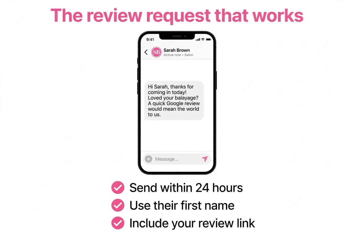 The review request text message that works for salons, send within 24 hours, use their name, include the link