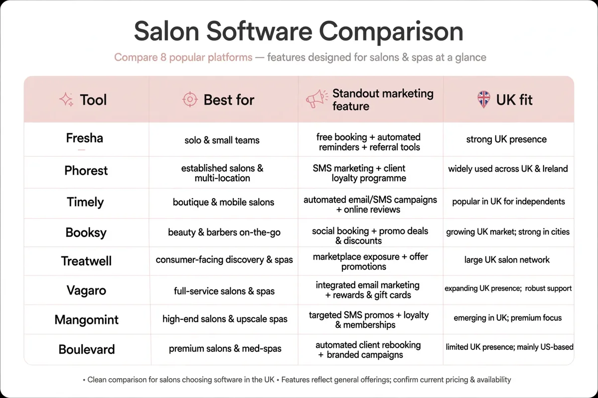 Comparison table of 8 salon marketing software tools for UK salons