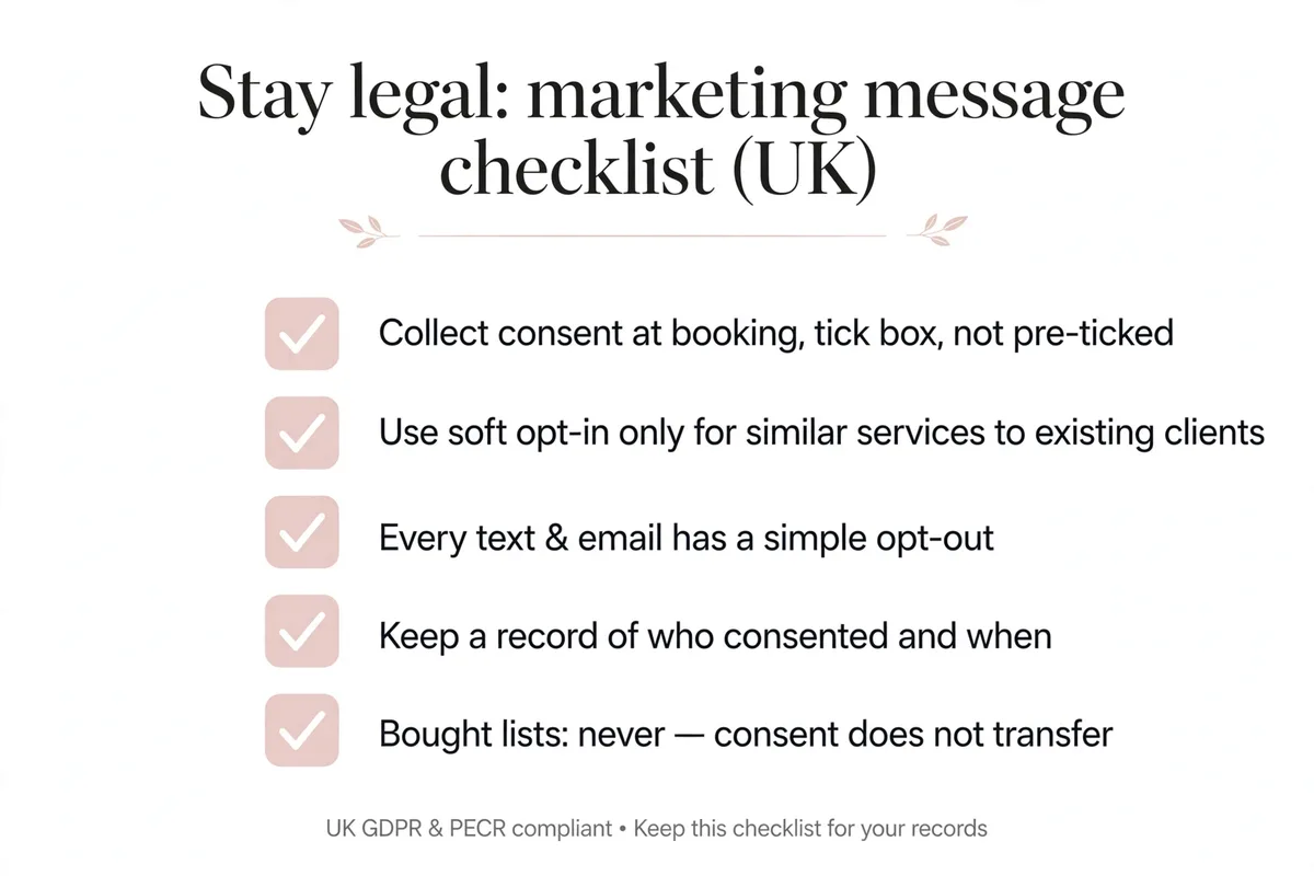 UK PECR consent checklist for salon marketing messages