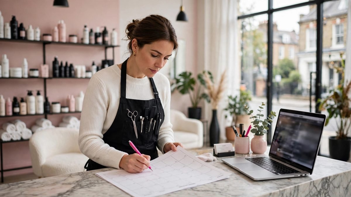 Salon owner planning her salon marketing strategies for the month at the reception desk