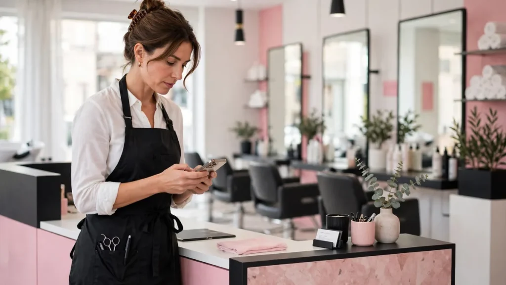Salon marketing in the UK, a salon owner planning marketing content on her phone at the reception desk