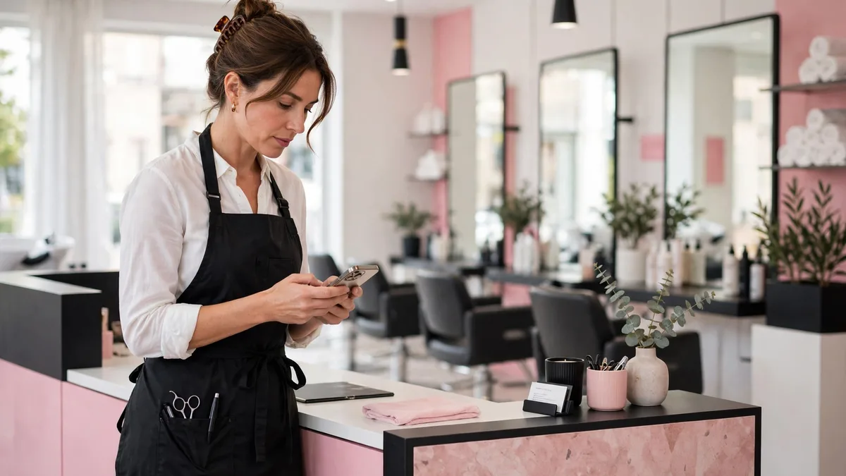 Salon marketing in the UK, a salon owner planning marketing content on her phone at the reception desk