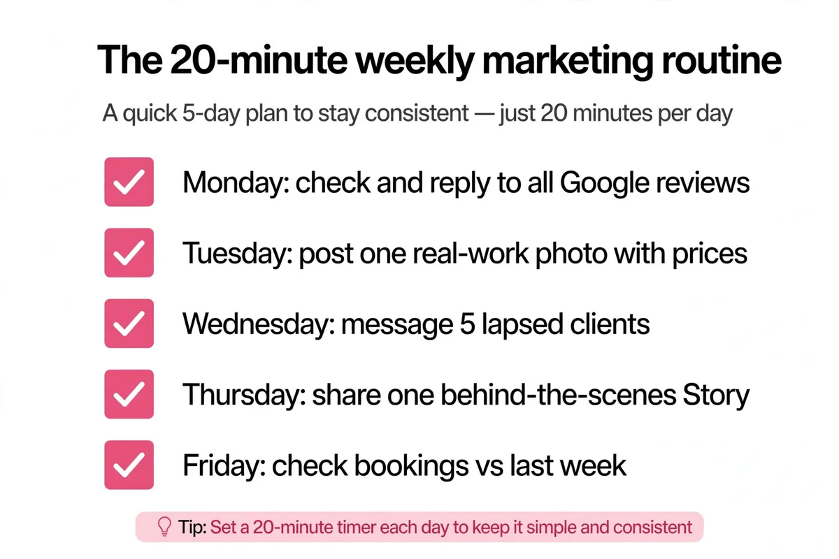 The 20-minute weekly salon marketing routine, one small job a day, Monday to Friday