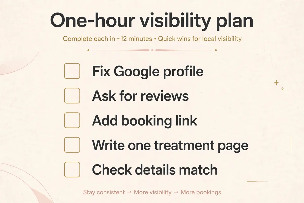 Graphic: the one-hour online visibility plan, five checkboxes