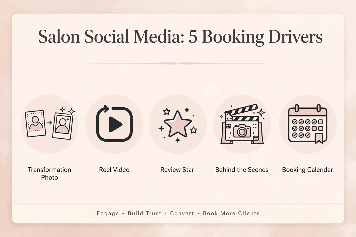 Key takeaways graphic, five salon social media booking drivers