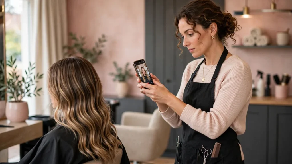Salon social media marketing UK, stylist filming a reel of a client's balayage