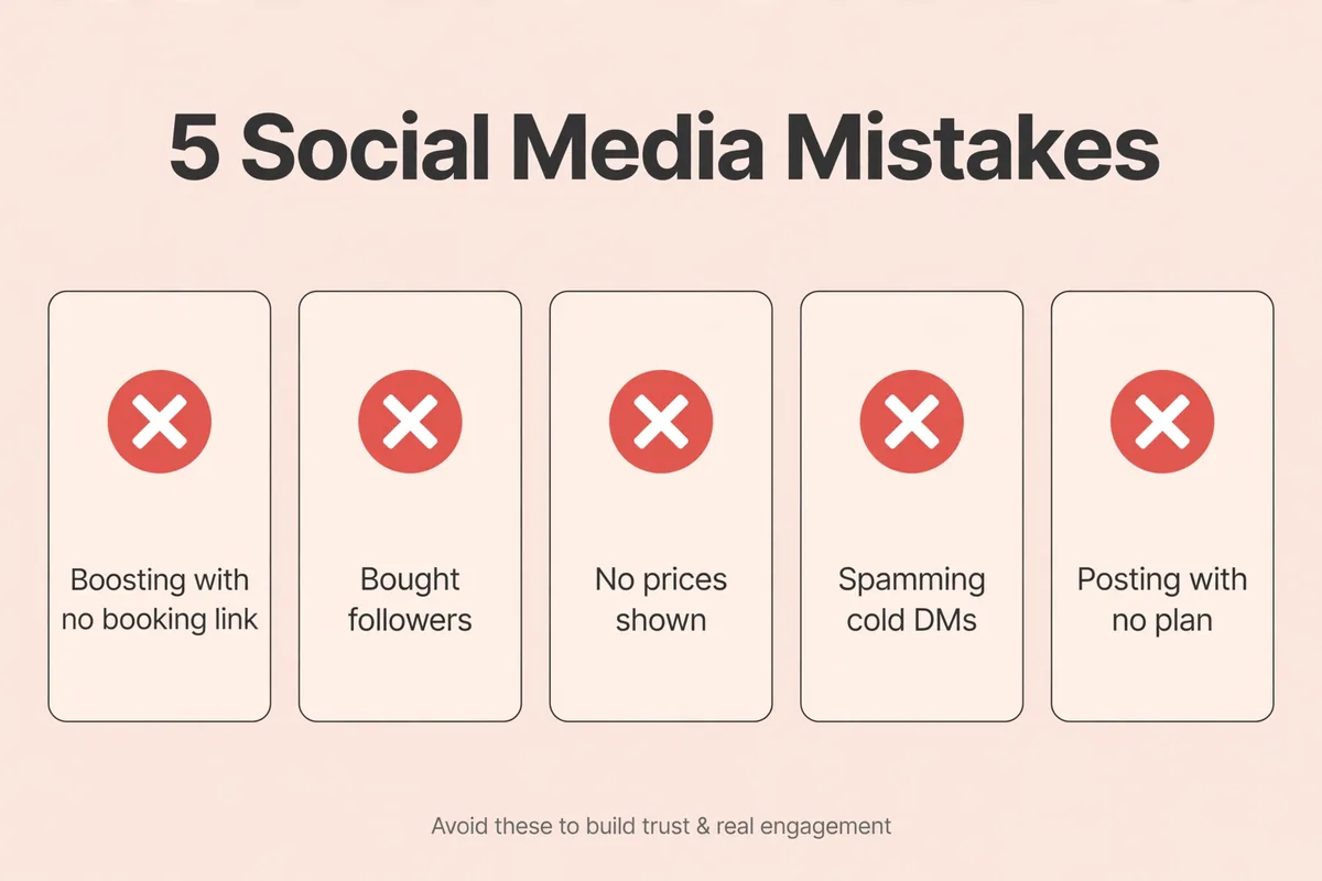 Infographic of five social media mistakes salons make: boosting with no booking link, bought followers, no prices shown, spamming cold DMs, and posting with no plan