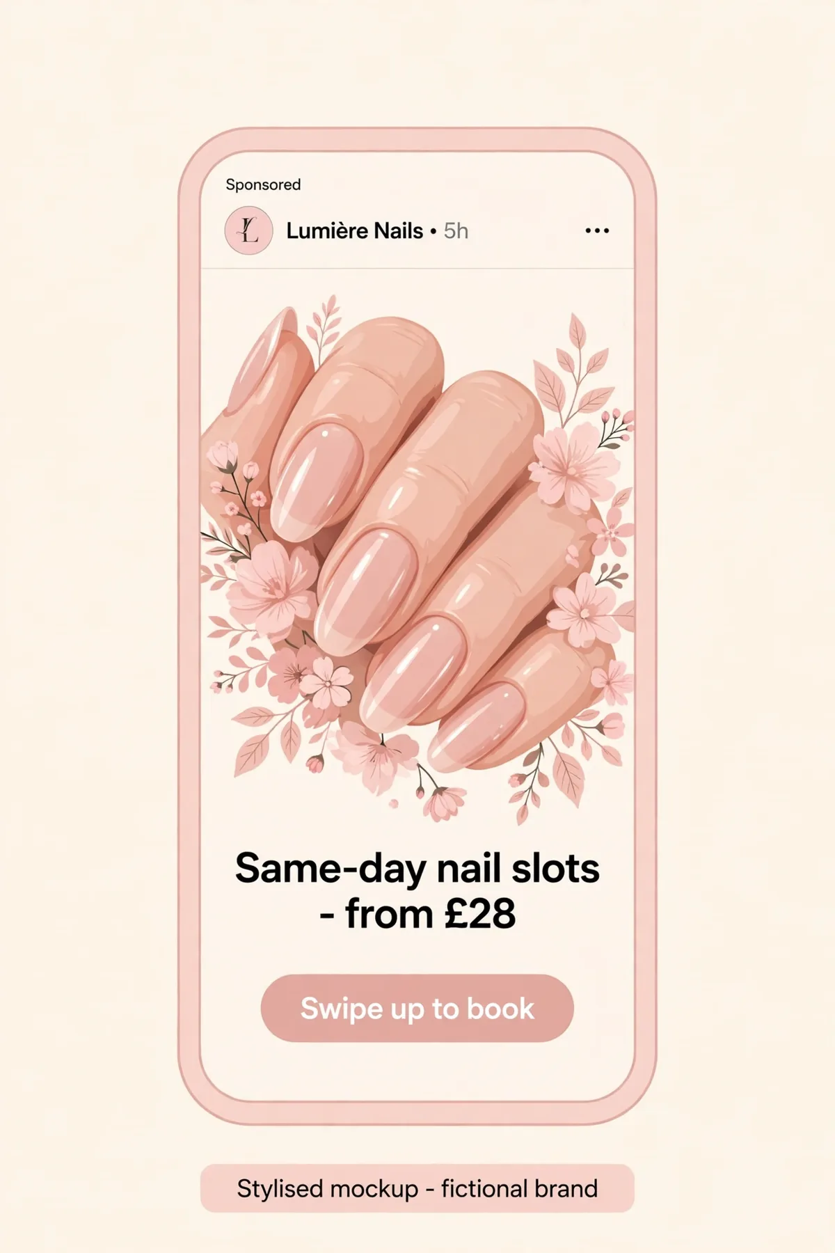 Stylised Instagram Story ad mockup, a salon advertising example for a fictional nail studio