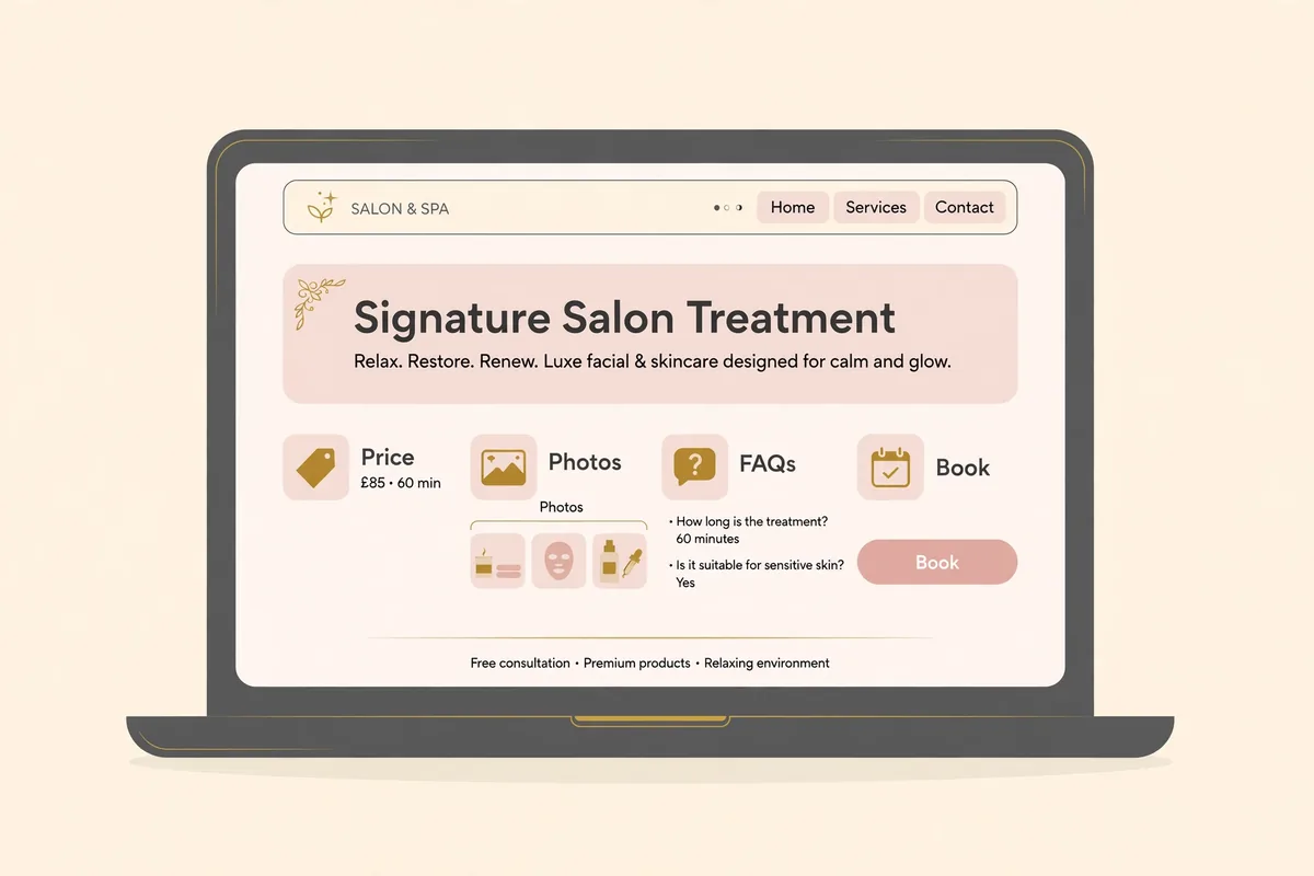 Illustration: the anatomy of a treatment page, price, photos, FAQs and a Book button