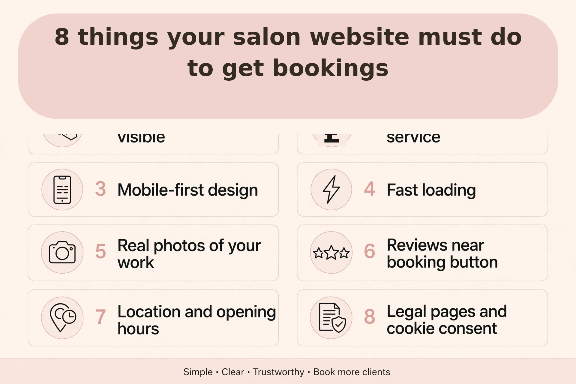 Summary graphic: 8 things your salon website must do to get bookings