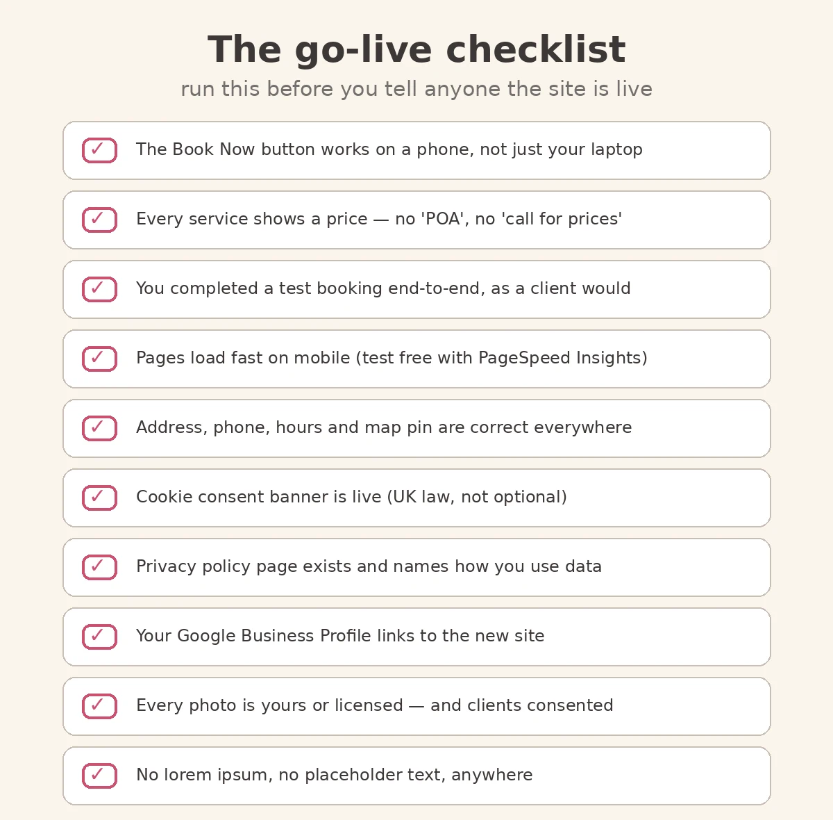 Go-live checklist for a new beauty salon website