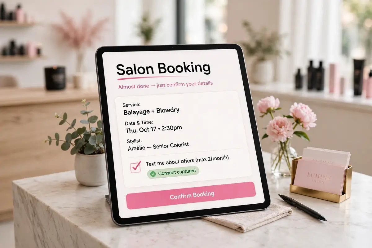 Tablet showing a salon booking form with a ticked SMS consent checkbox