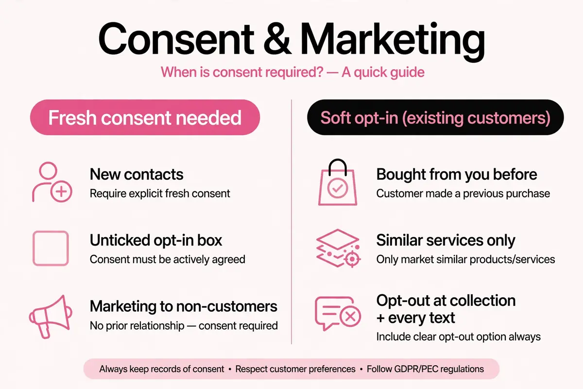 Two-column graphic comparing when fresh consent is needed vs the soft opt-in