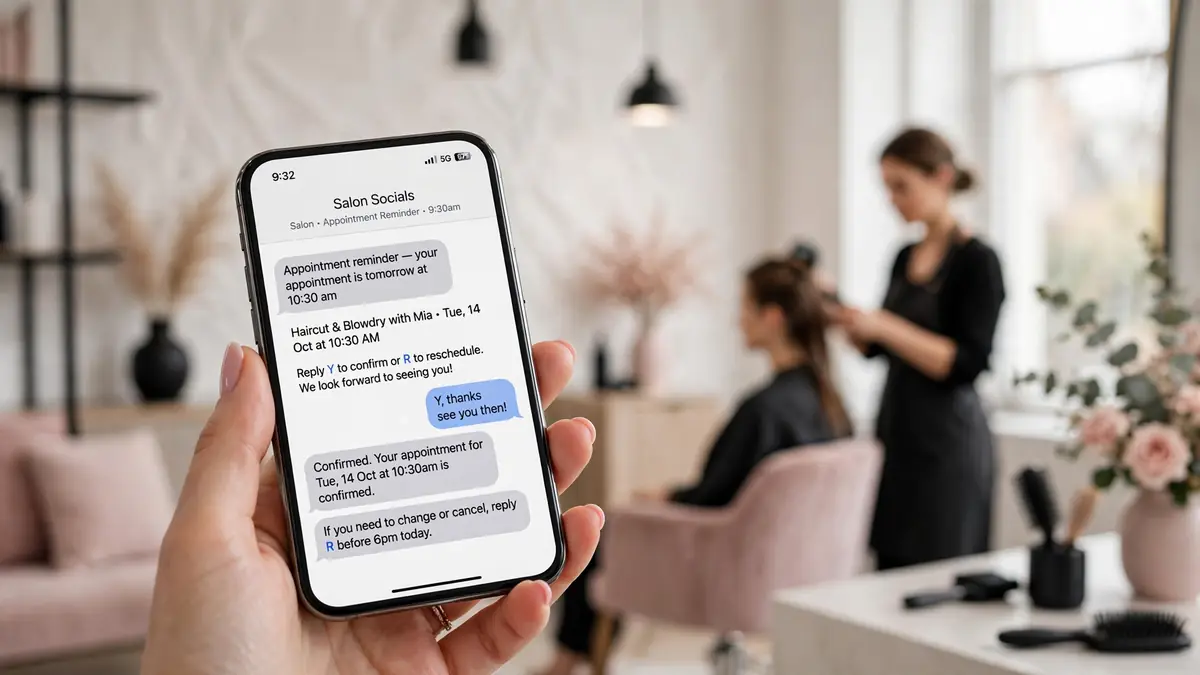 Salon owner holding a phone showing a salon appointment reminder text message