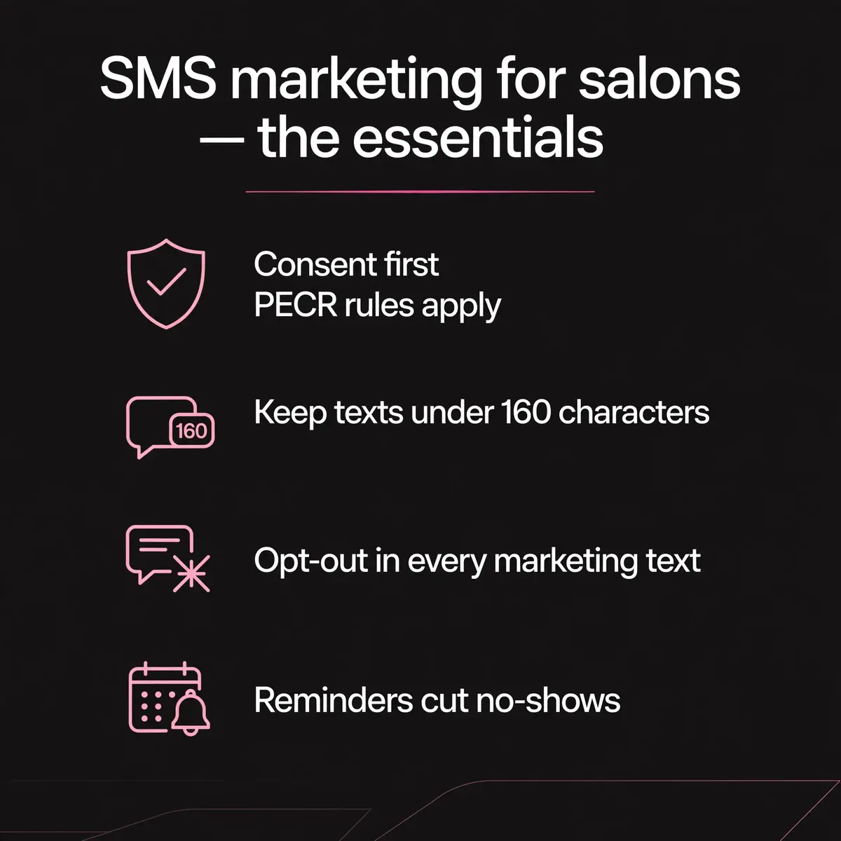 Summary graphic: the four essentials of salon SMS marketing