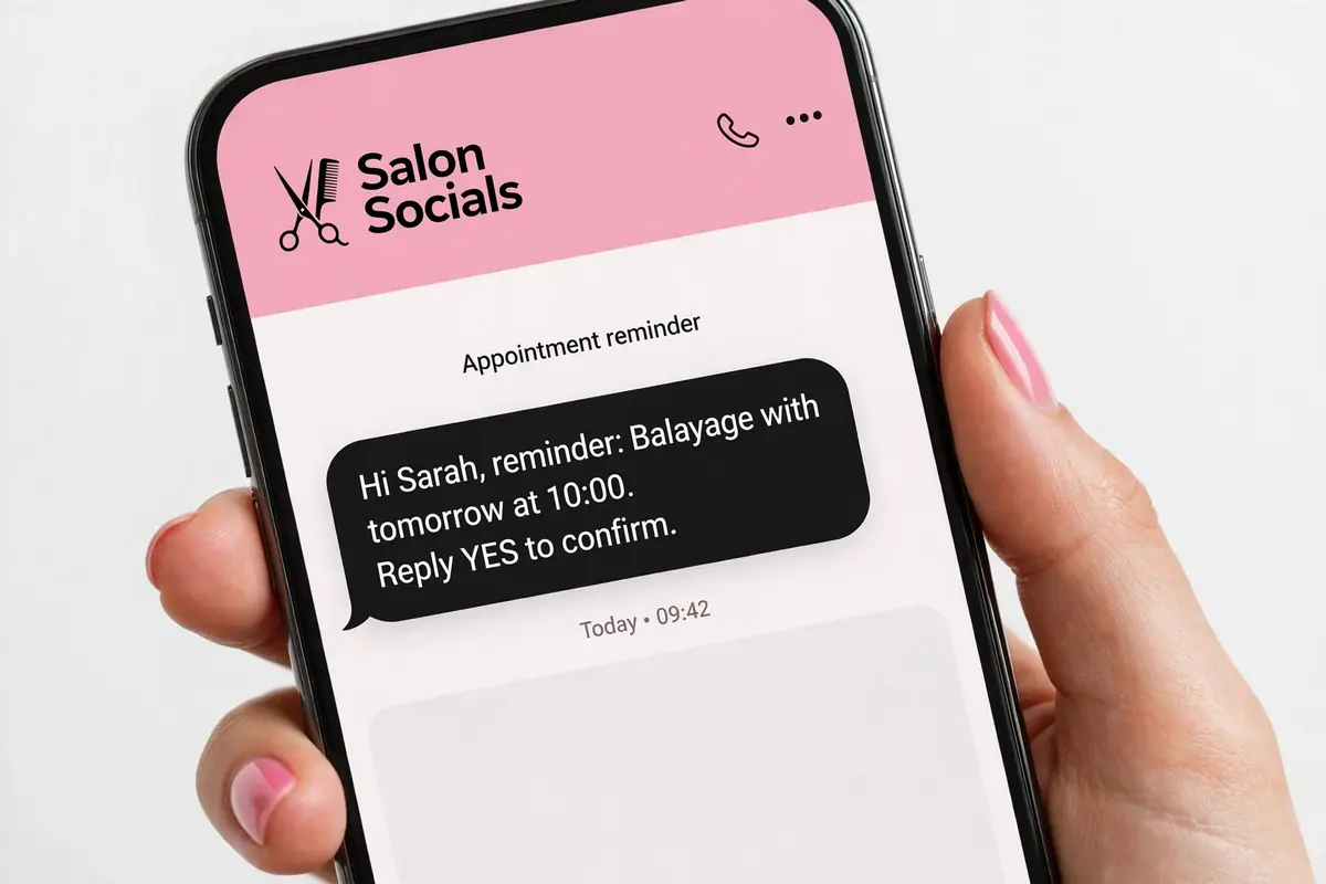 Phone showing a salon appointment reminder text message template