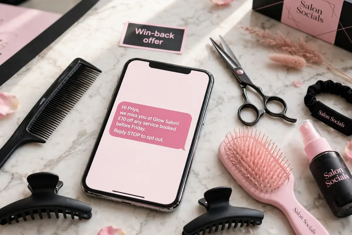 Phone showing a salon win-back SMS template with opt-out