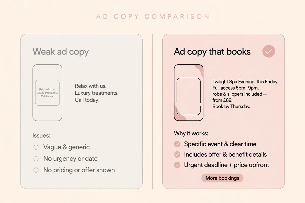 Before and after, weak spa ad copy versus ad copy that books