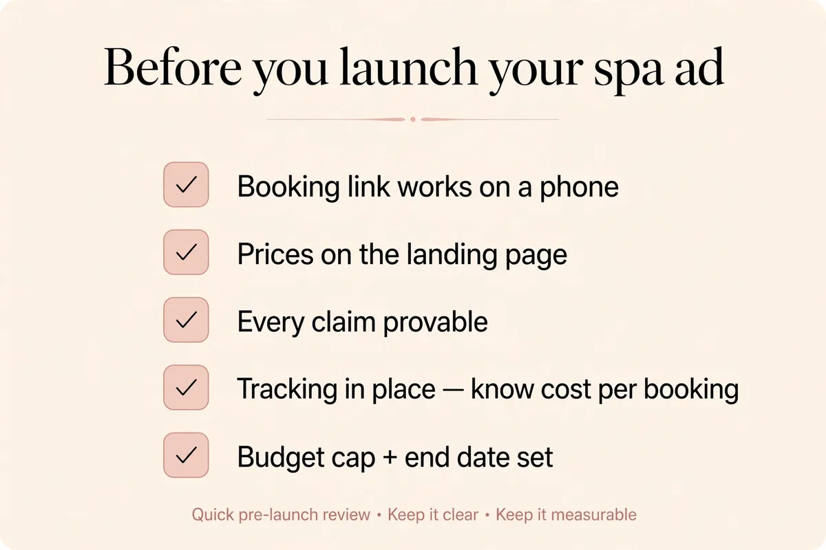 Pre-launch checklist, five checks before your spa ad goes live